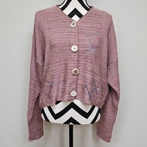 Blue Fish 90s Block Print Cropped Knit Cardigan Sweater Mauve Rose